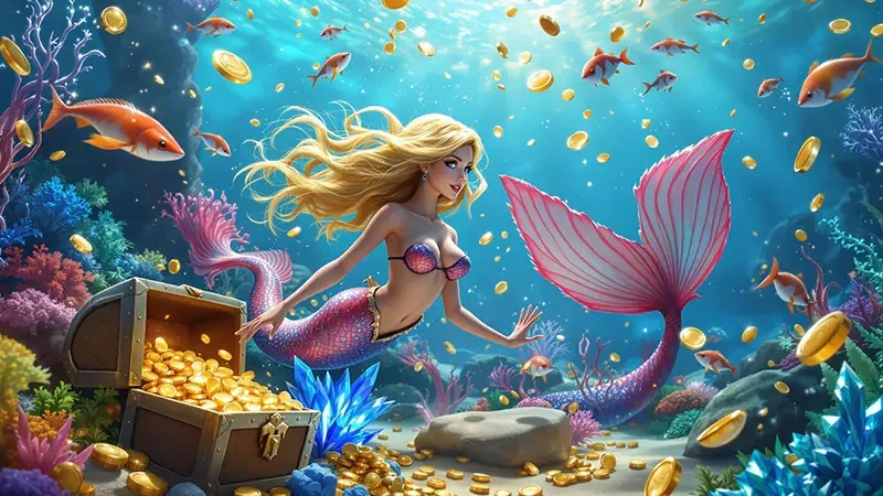 Layar arcade tembak ikan dengan target laut berwarna-warni