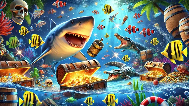 Ilustrasi permainan tembak ikan mobile dengan efek bawah laut