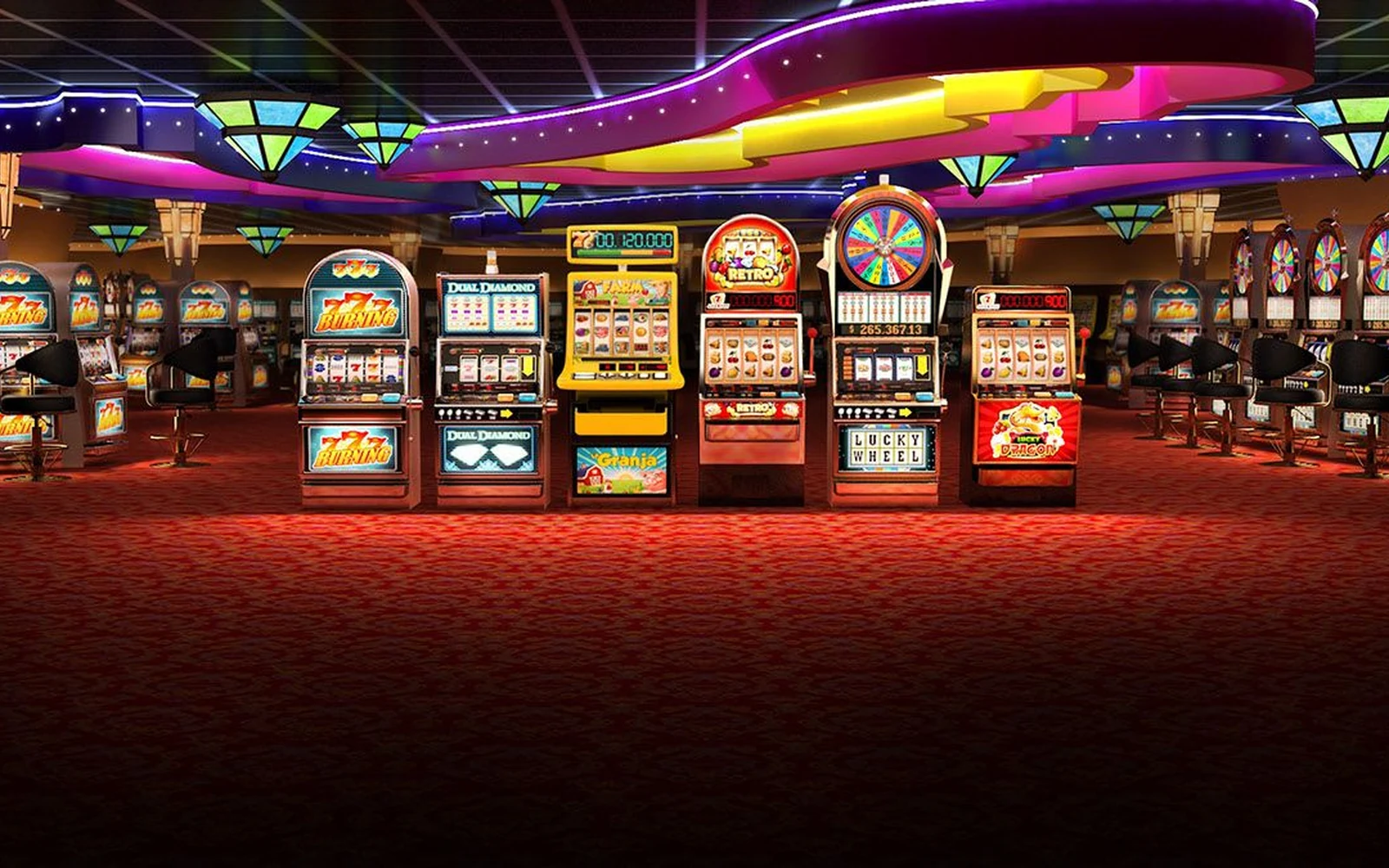 Layar video slot dengan simbol bonus dan gulungan berwarna